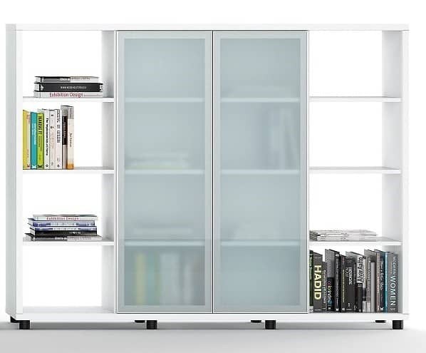 Armario librería alto con puertas correderas de cristal